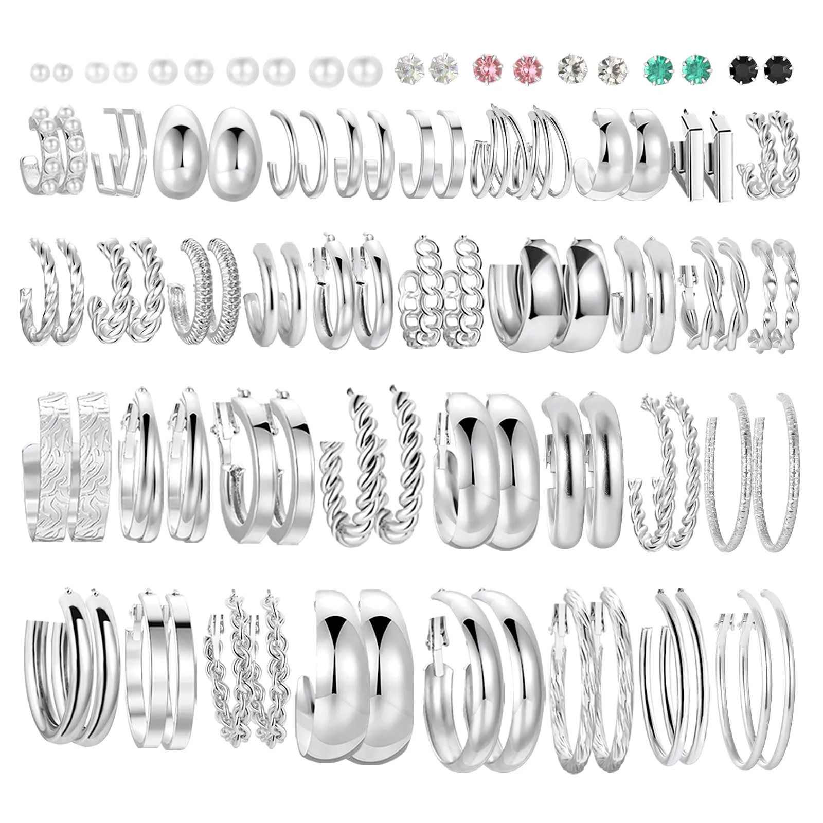 46 Pairs Silver Hoop Earrings Set for Women Girls,Fashion Hypoallergenic Chunky Pearl Stud Earrings Multipack,Small Big Hoops Earring Packs Trendy for Christmas Birthday Party Jewelry Gift