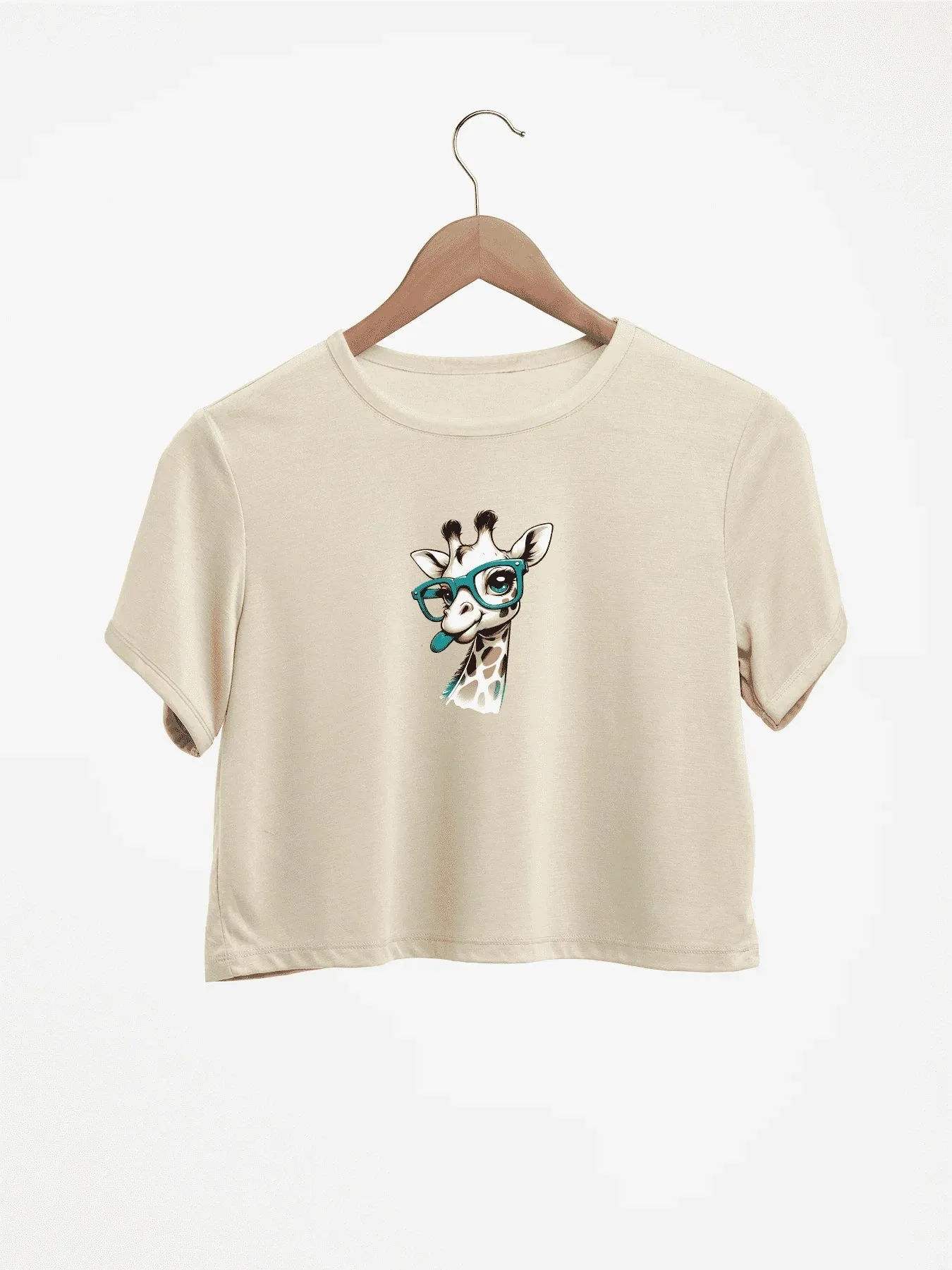 Adorable Giraffe With Teal Glasses Print Crew Neck Crop T-Shirts Casual Short Sleeve Top For Spring & Summer Women's Clothing