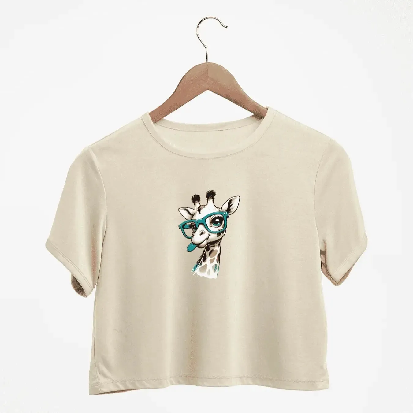 Adorable Giraffe With Teal Glasses Print Crew Neck Crop T-Shirts Casual Short Sleeve Top For Spring & Summer Women's Clothing