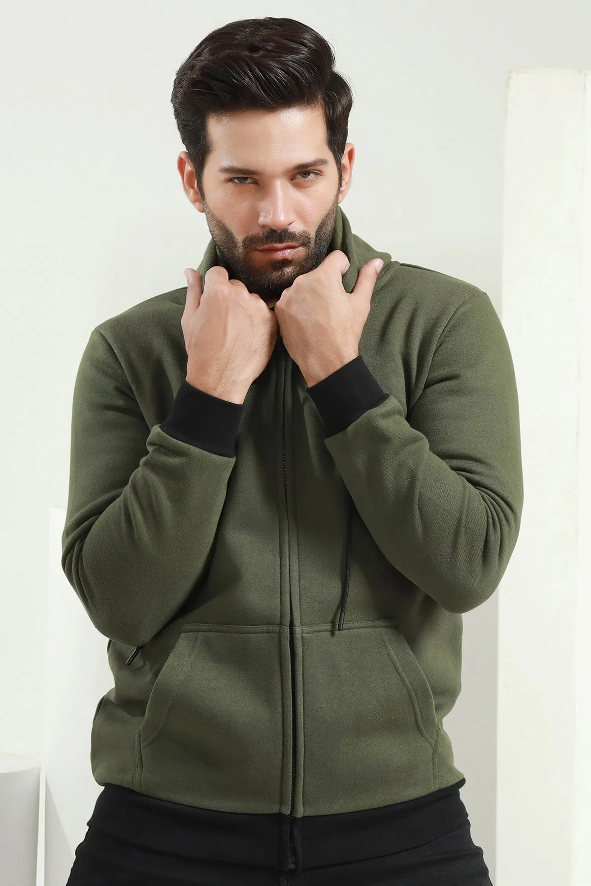 Army Green Fleece Zipper Hoodie - W23 - MH0069R