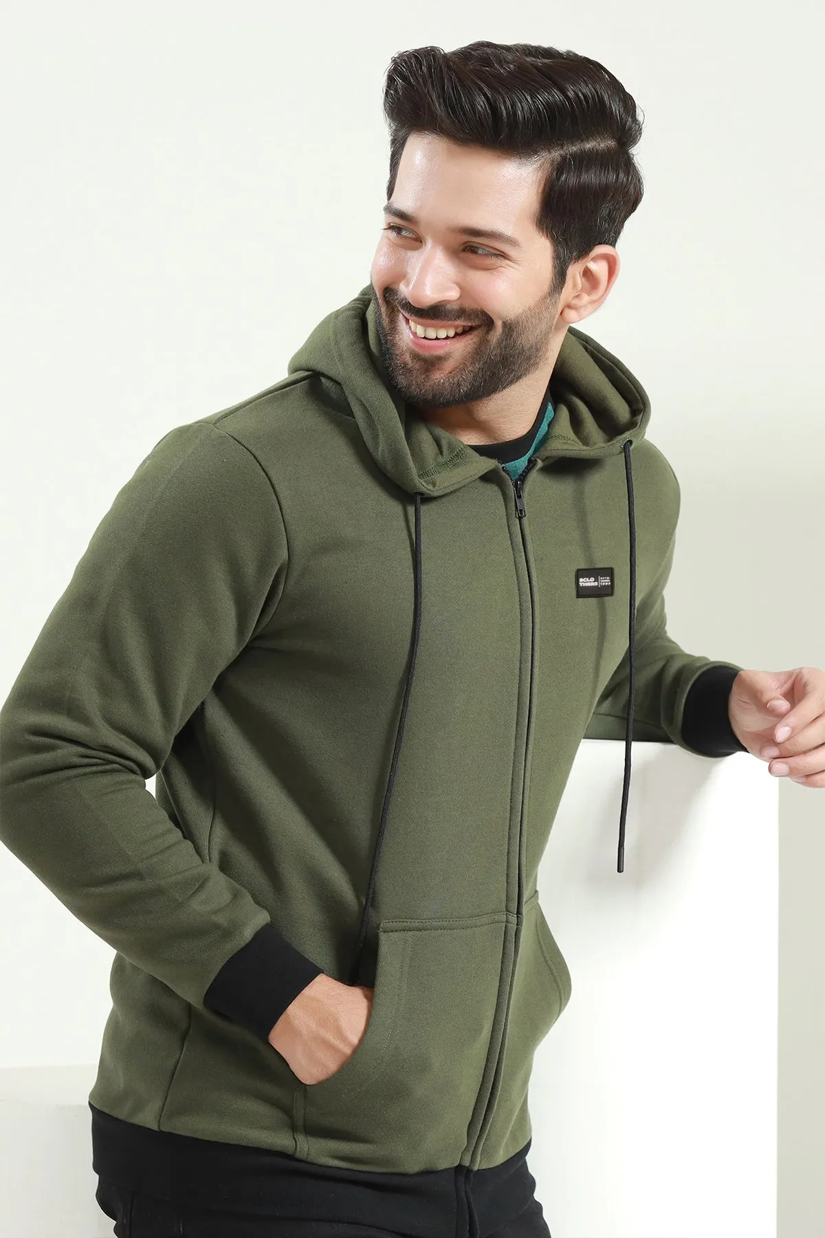 Army Green Fleece Zipper Hoodie - W23 - MH0069R