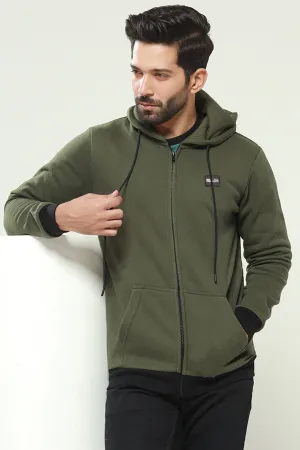 Army Green Fleece Zipper Hoodie - W23 - MH0069R