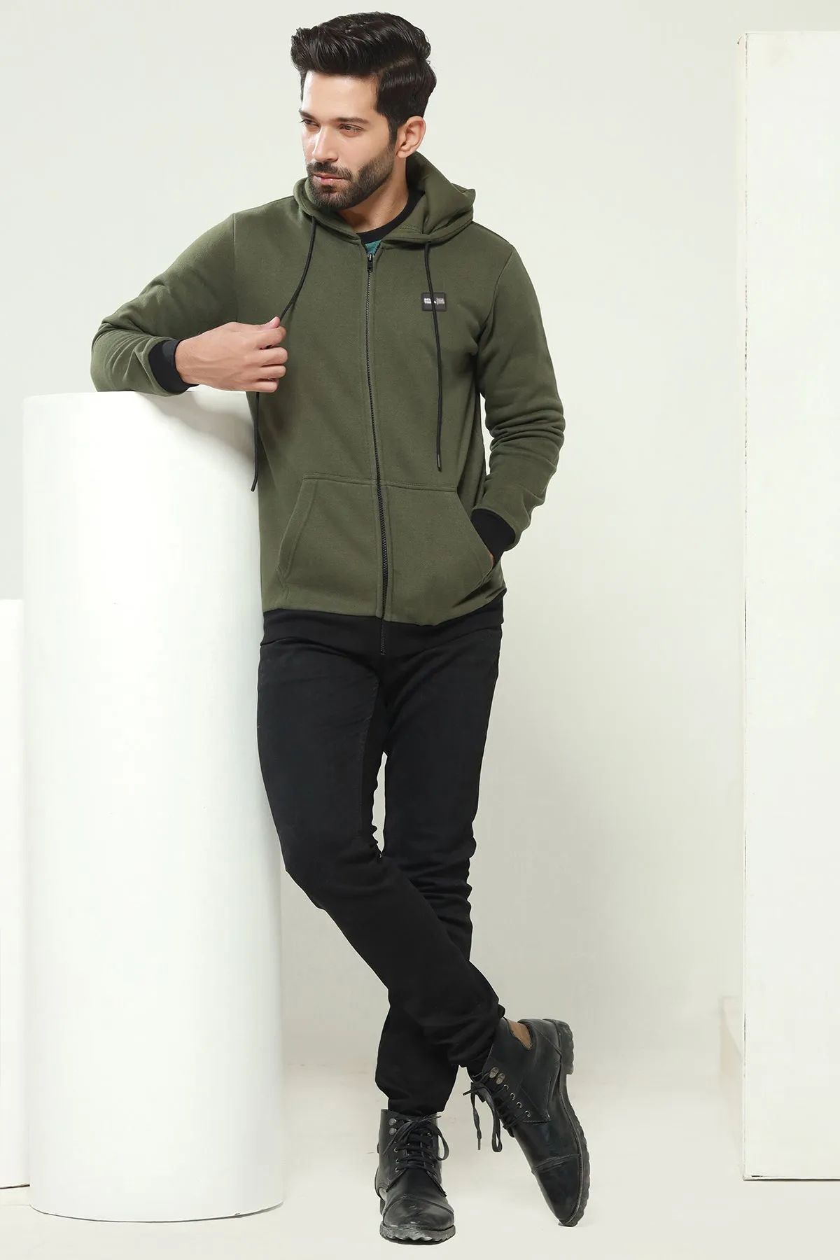 Army Green Fleece Zipper Hoodie - W23 - MH0069R