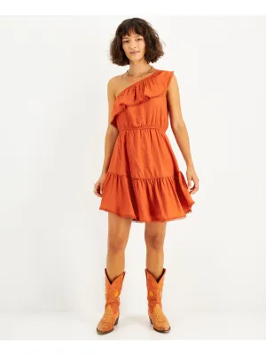 BAR III DRESSES Womens Orange Lined Pullover Cap Sleeve Asymmetrical Neckline Above The Knee Cocktail Fit   Flare Dress