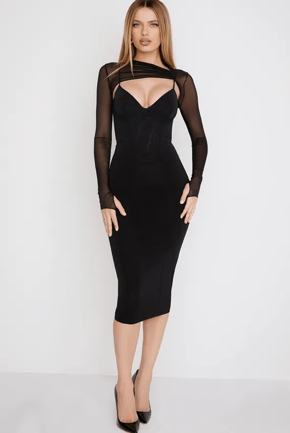 Beatrice Black Stylish Corset Midi Dress