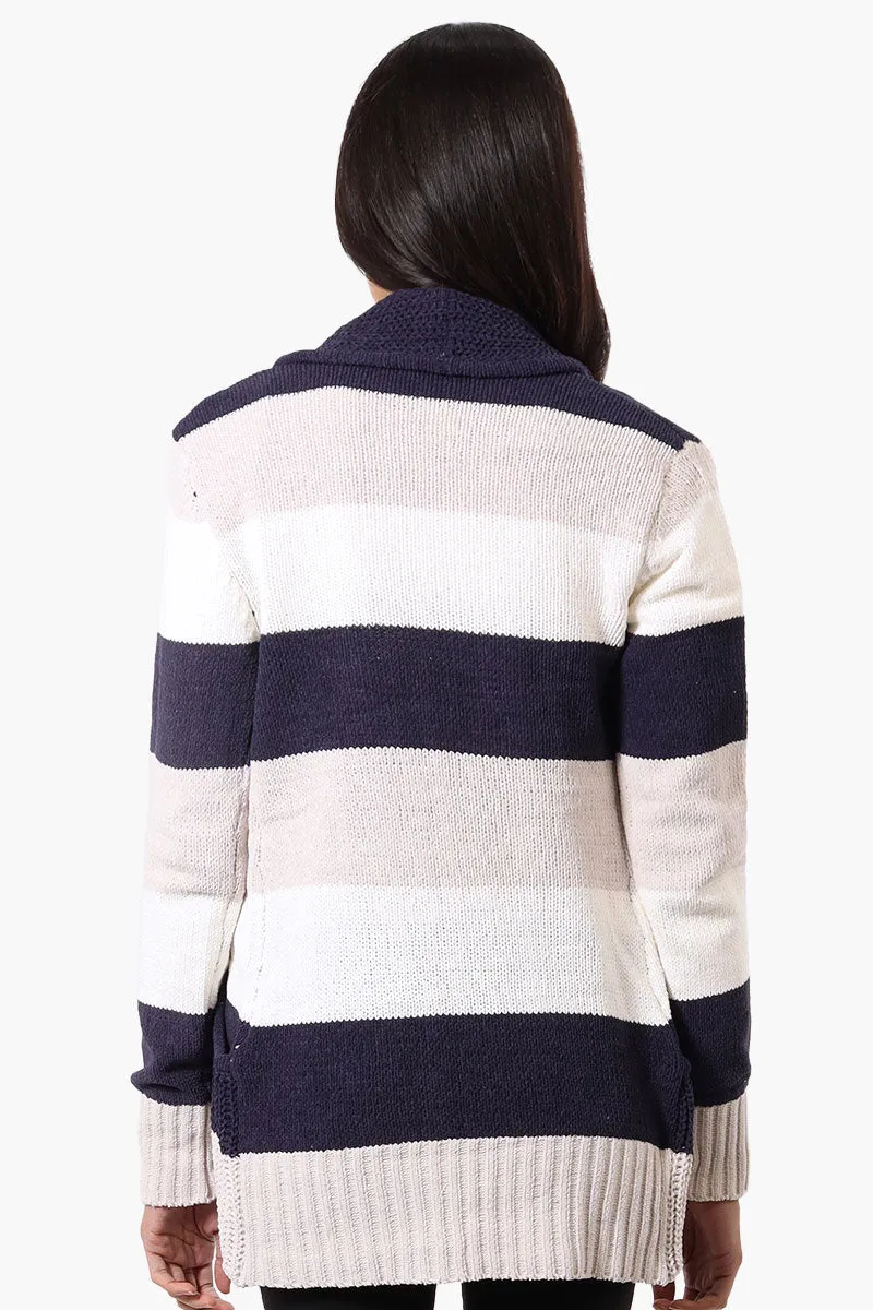 Beechers Brook Striped Fold Over Wrap Cardigan - Navy