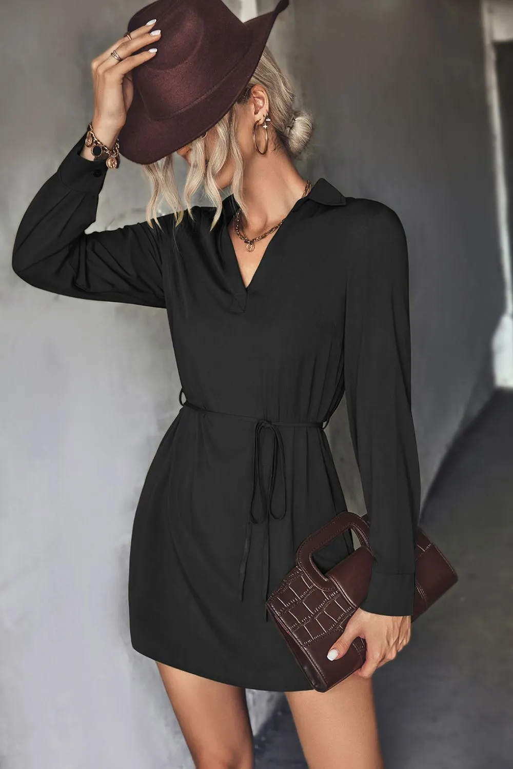 Belted Johnny Collar High-Low Shirt Dress