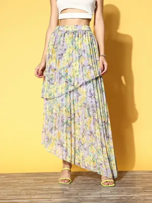 Berrylush Women Purple & Yellow Floral Printed Slip-On Elastic Waist Georgette Pleated Maxi Skirt