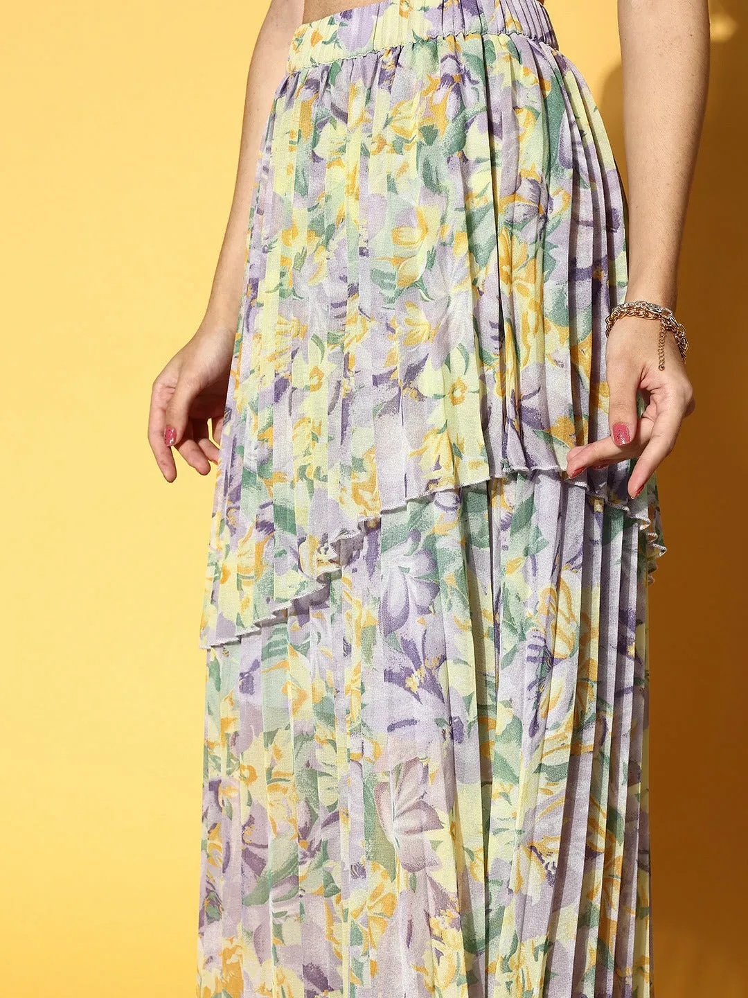 Berrylush Women Purple & Yellow Floral Printed Slip-On Elastic Waist Georgette Pleated Maxi Skirt