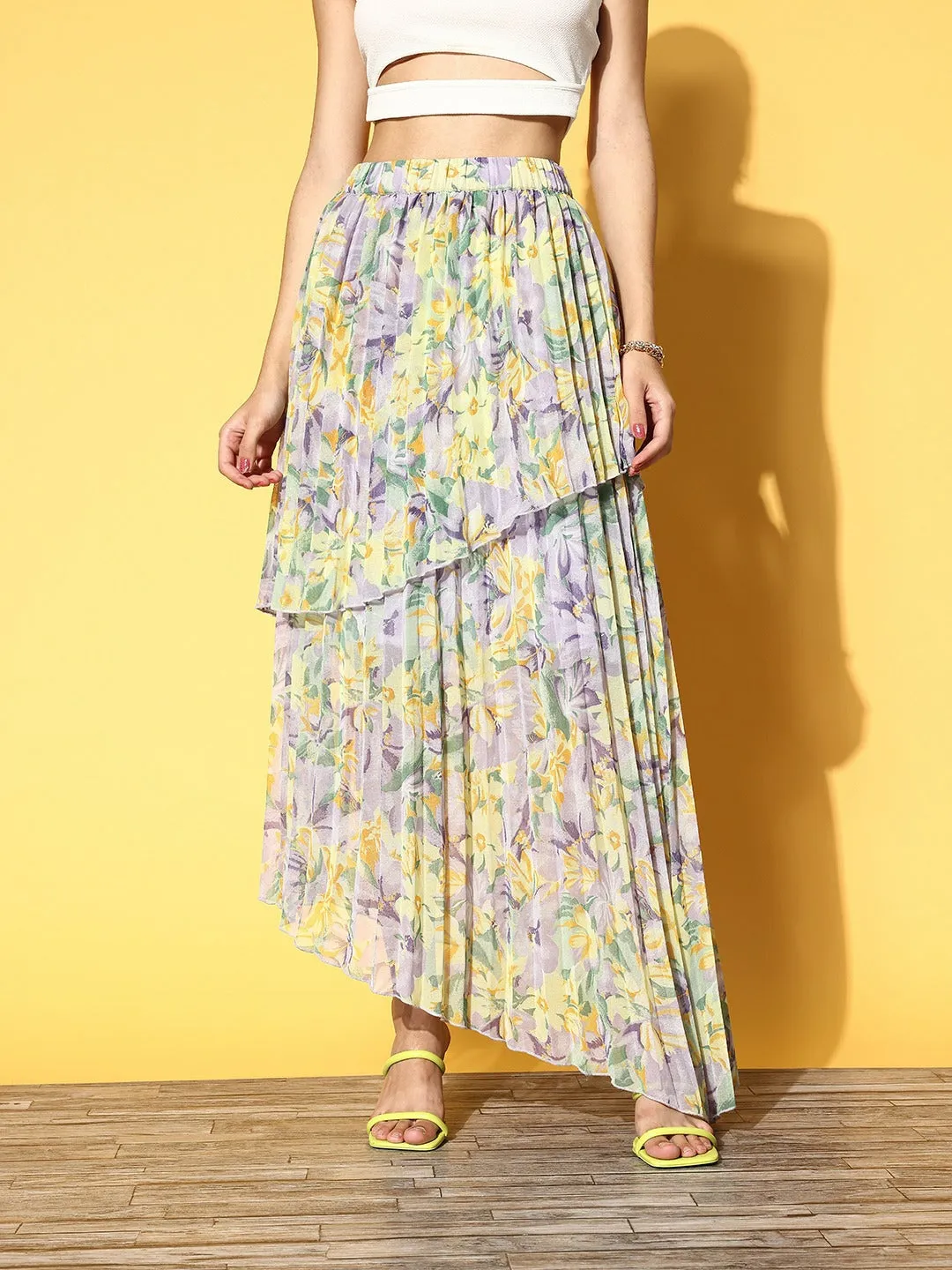 Berrylush Women Purple & Yellow Floral Printed Slip-On Elastic Waist Georgette Pleated Maxi Skirt