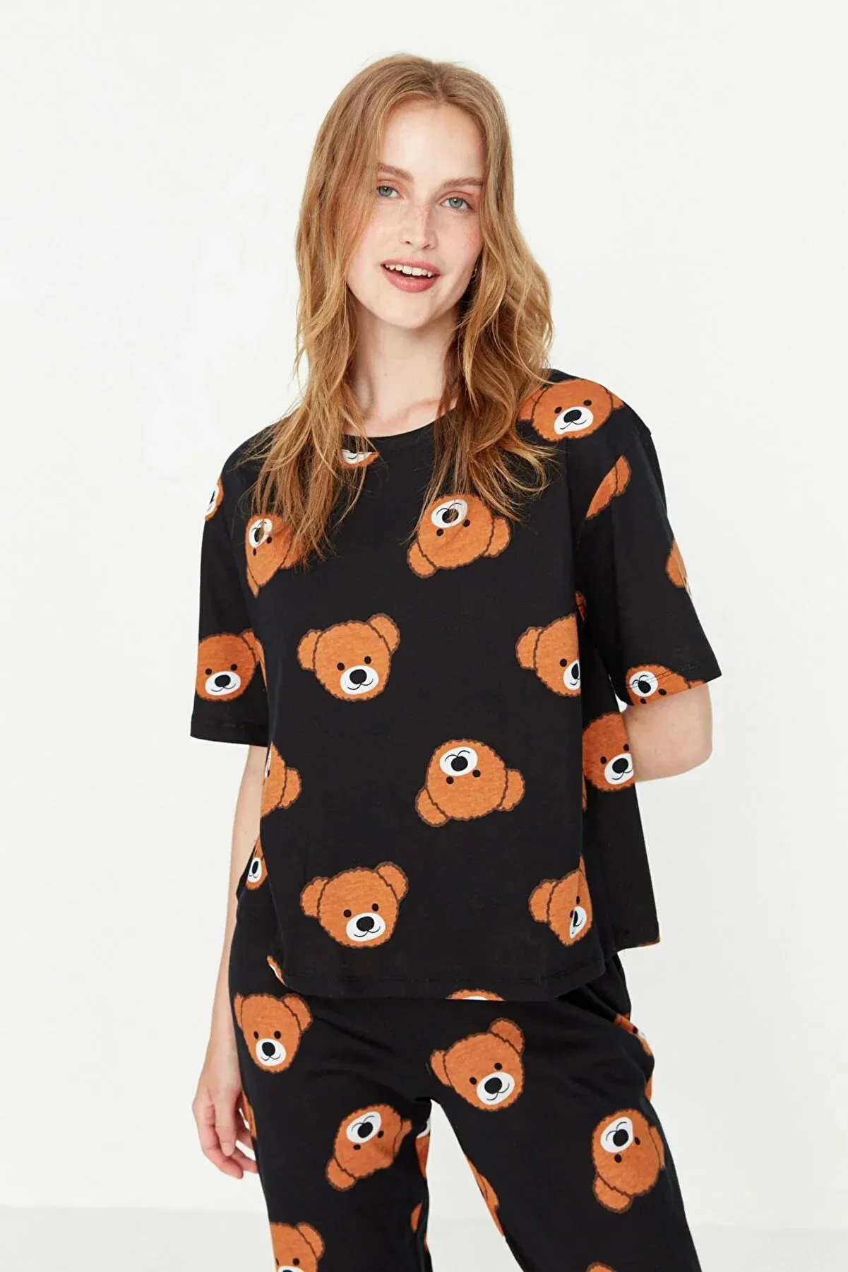 Black Teddy Bear Printed Cotton T-shirt-Pants Knitted Pajamas Set