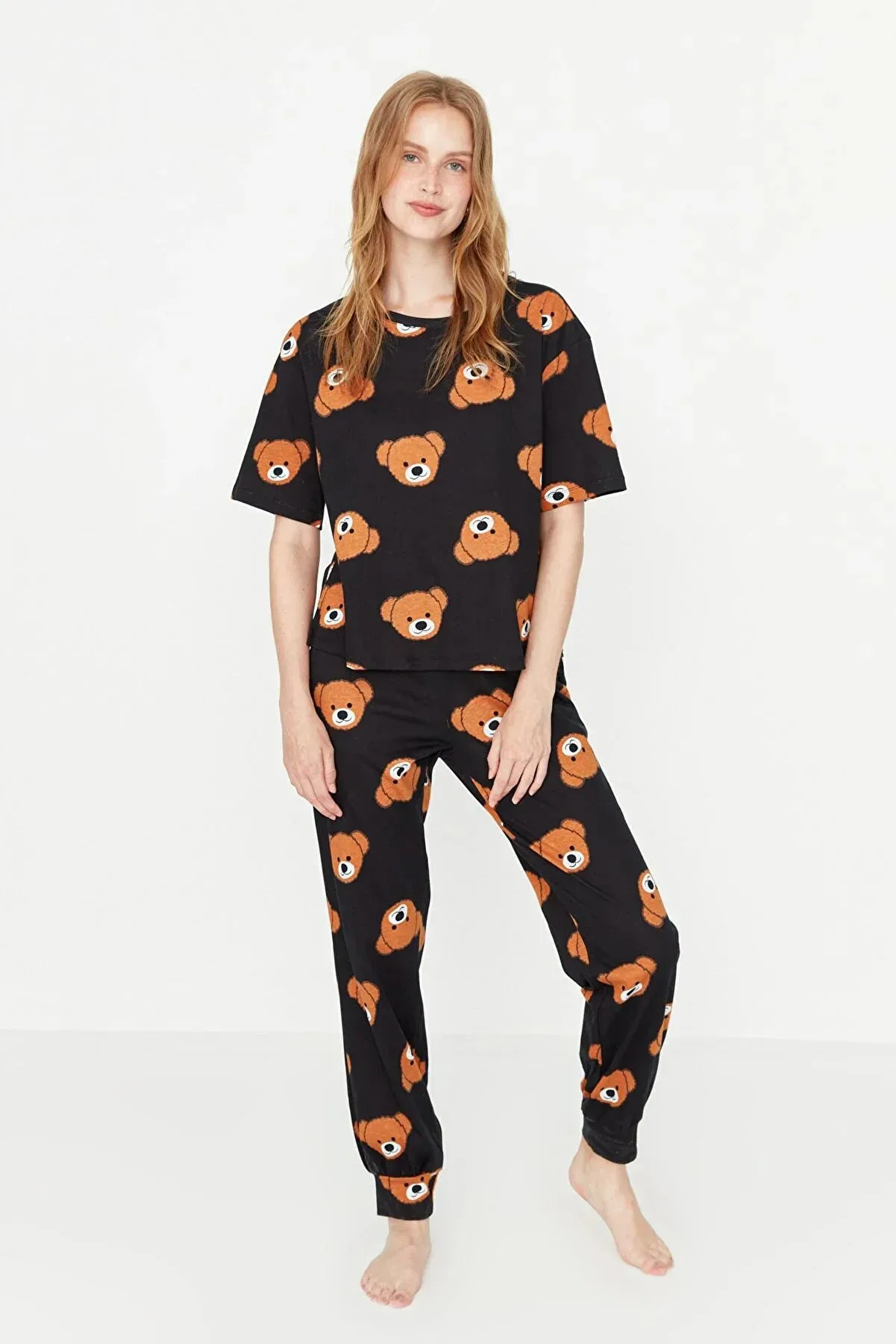 Black Teddy Bear Printed Cotton T-shirt-Pants Knitted Pajamas Set