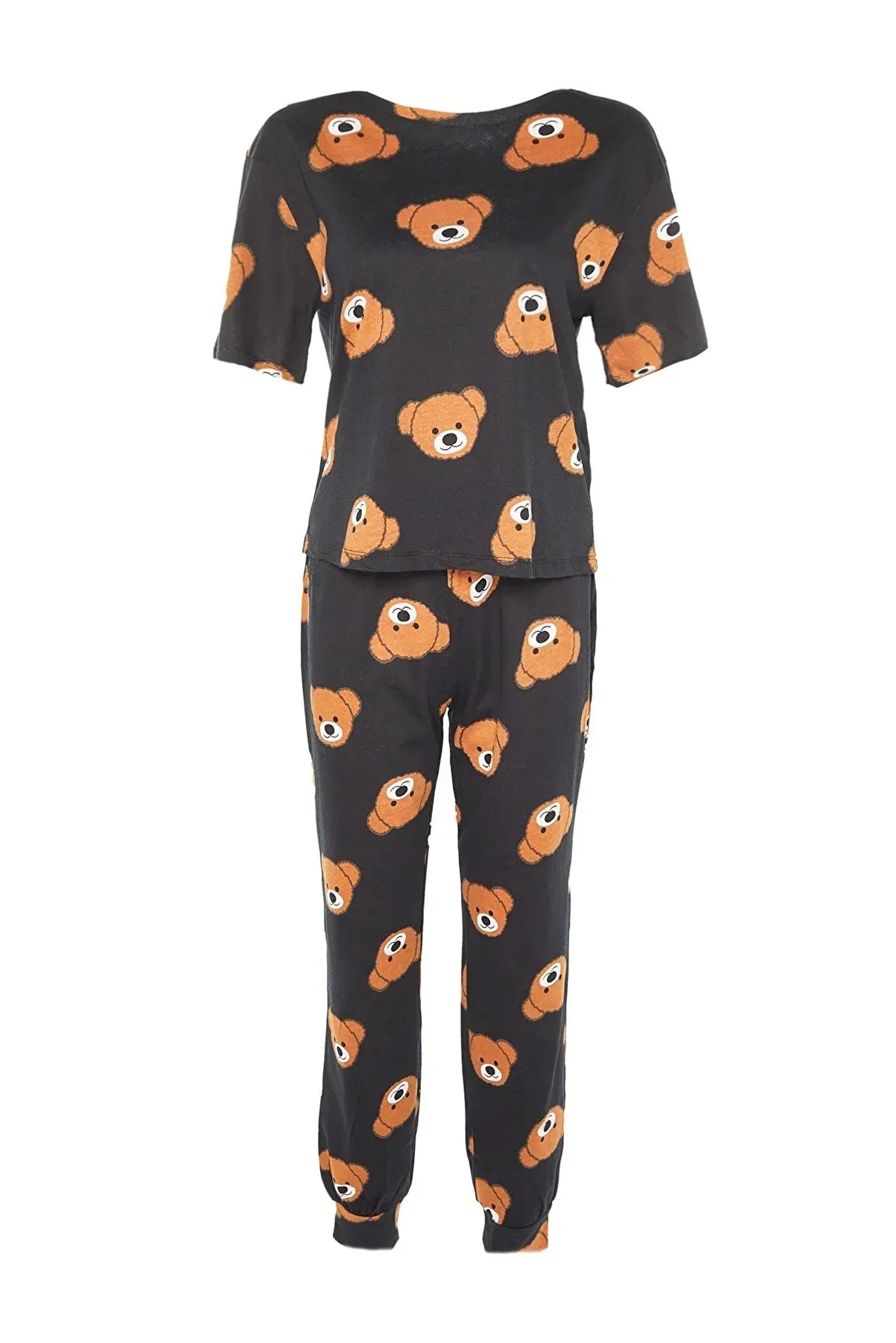 Black Teddy Bear Printed Cotton T-shirt-Pants Knitted Pajamas Set