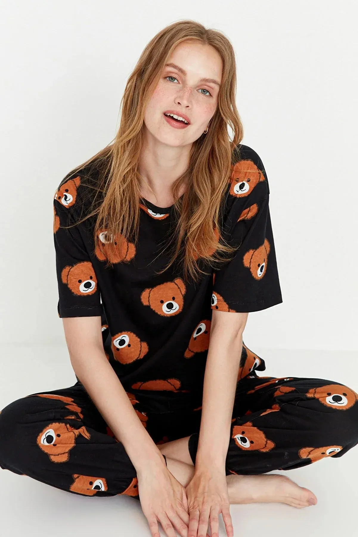 Black Teddy Bear Printed Cotton T-shirt-Pants Knitted Pajamas Set