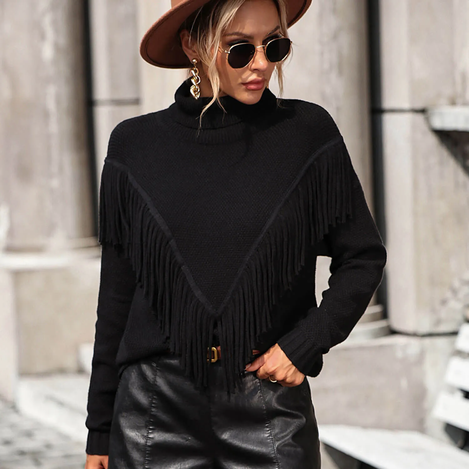 Boho Western Style V Shaped Fringe Turtleneck Long Sleeve Pullover Sweater