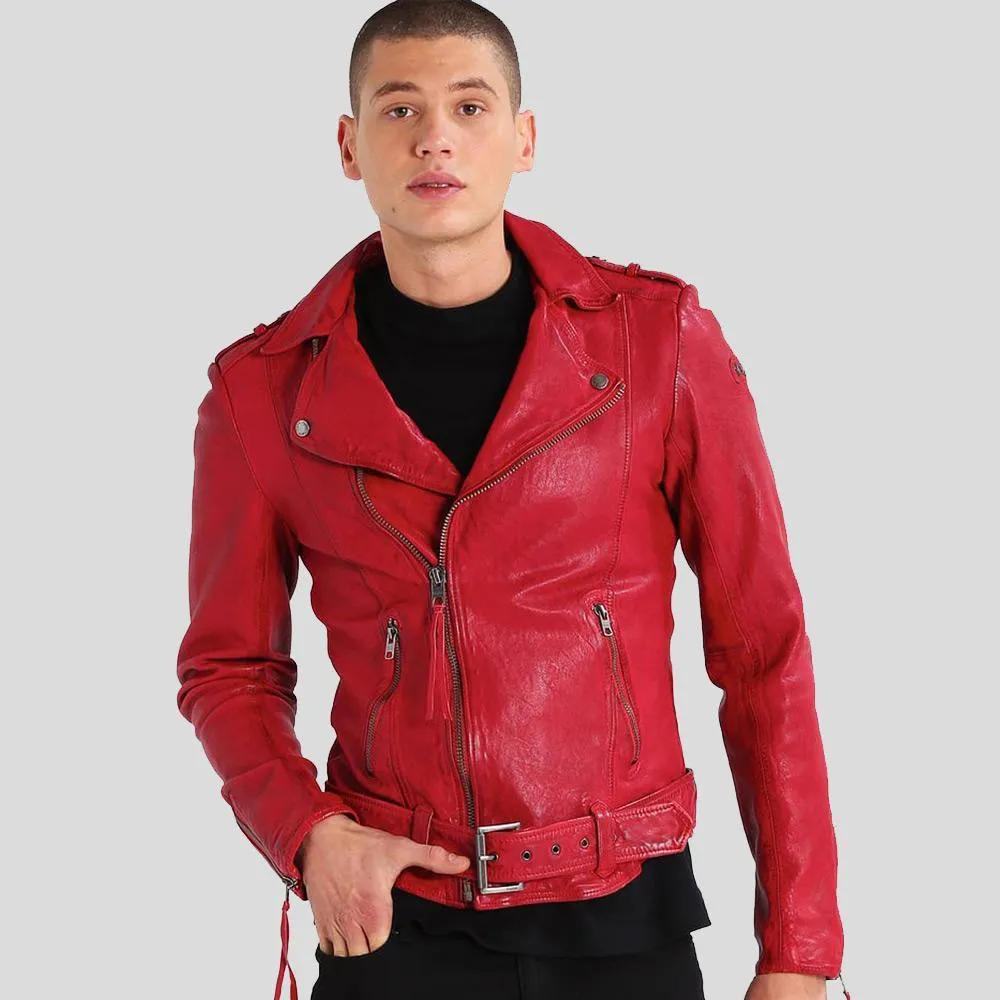 Buel Red Motorcycle Leather Jacket for Men