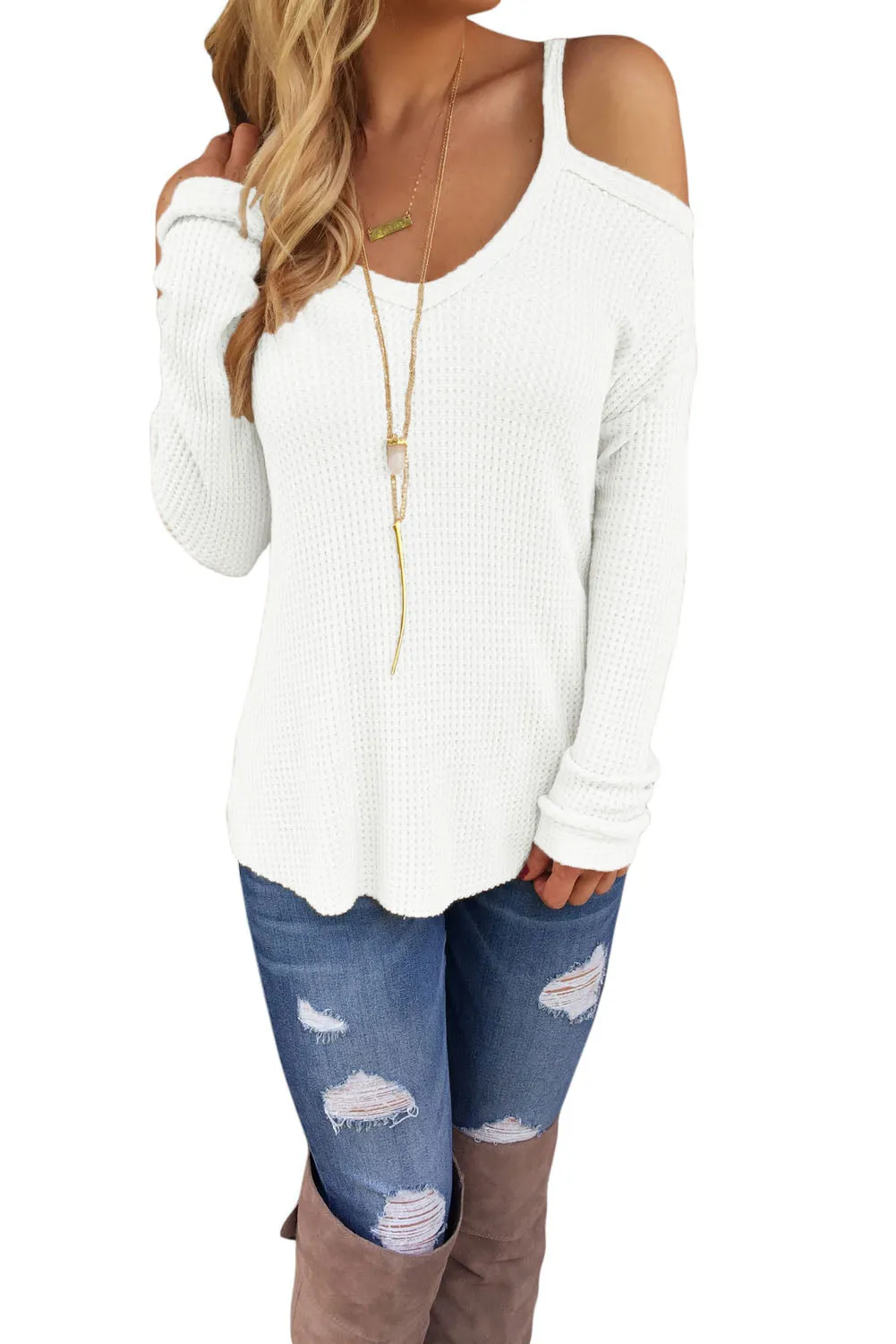 Cold Shoulder Knit Long Sleeves Sweater