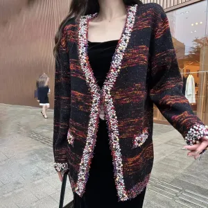 Colorblock Striped Patchwork Bead Elegant Knitting Sweaters For Women V Neck Long Sleeve Loose Sweater Female