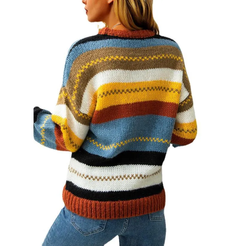 Colorful Striped Sweater Women'S Clothing Stores Round Neck