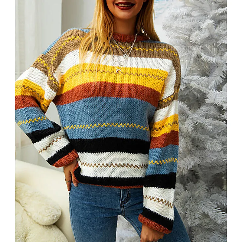 Colorful Striped Sweater Women'S Clothing Stores Round Neck