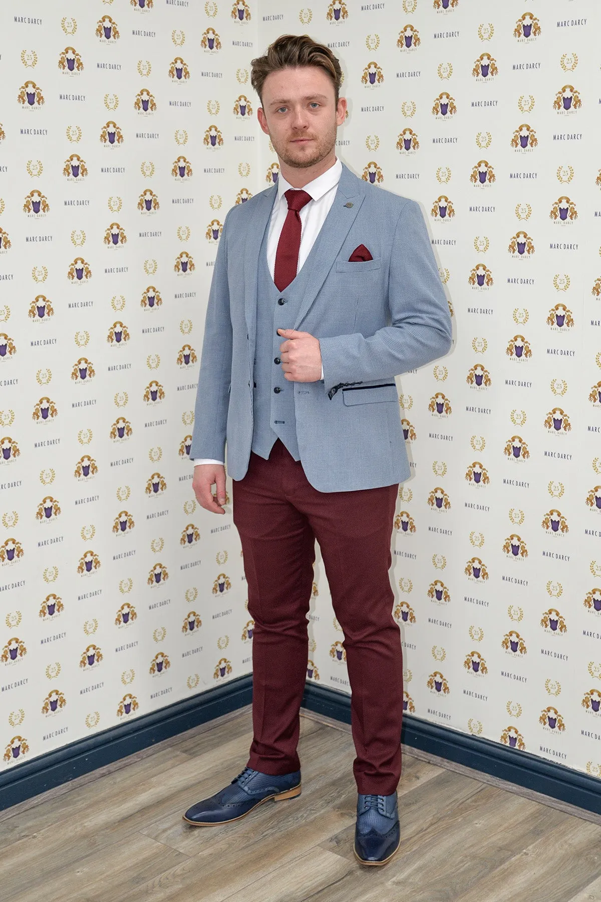 Coronation Street's Joel Deering (Calum Lill) in BROMLEY Sky Blue Blazer With Wine Chinos