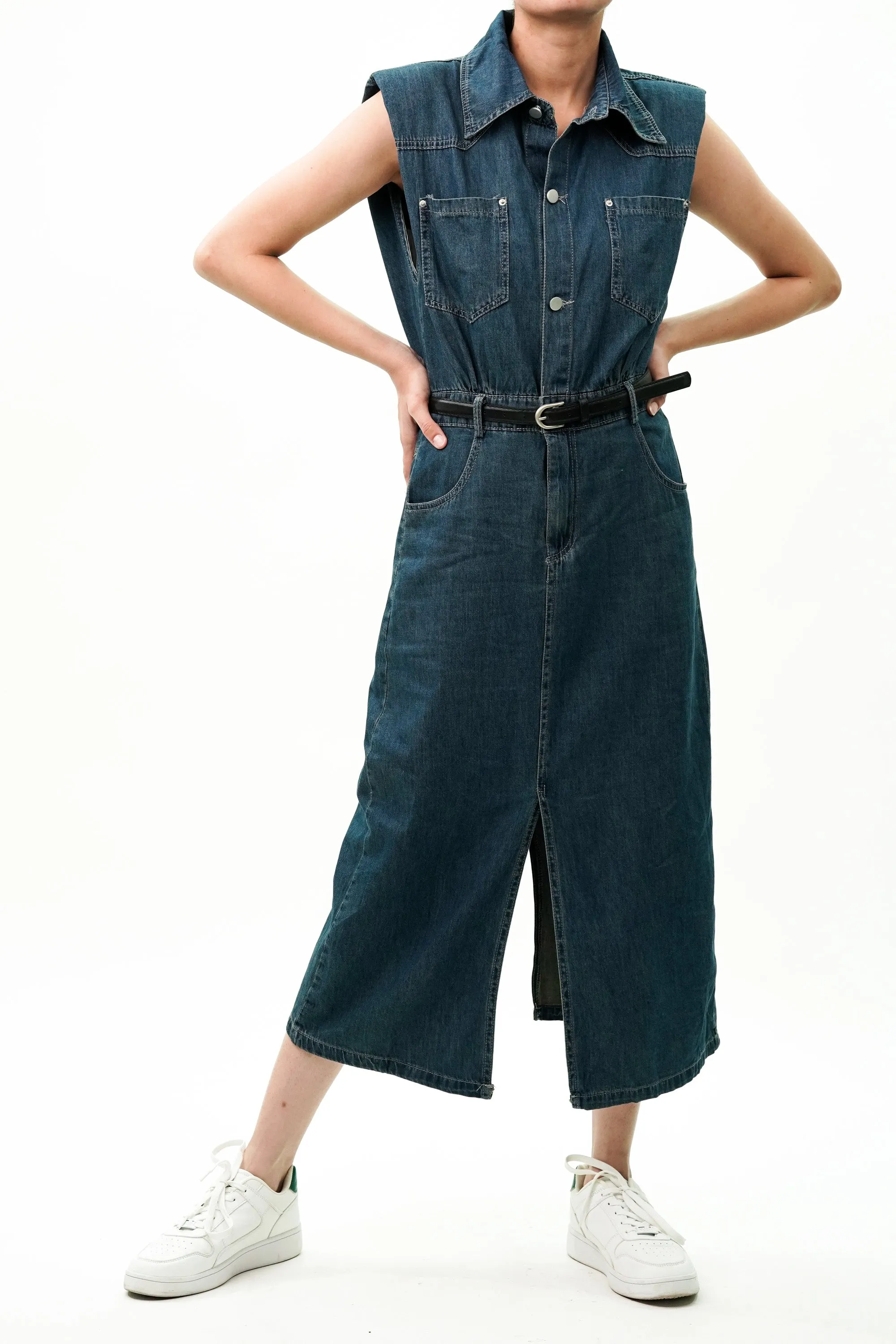 Cotton Denim Dress with Utility Pockets And Belt