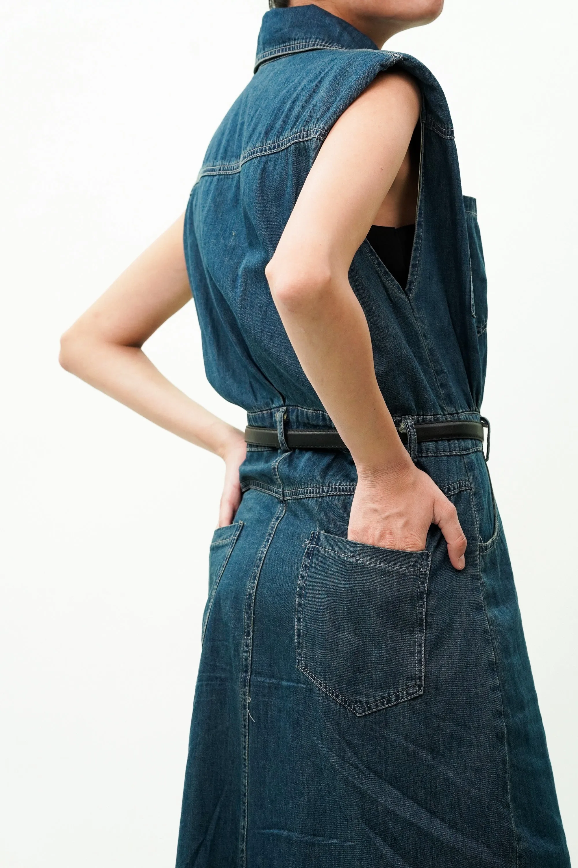 Cotton Denim Dress with Utility Pockets And Belt