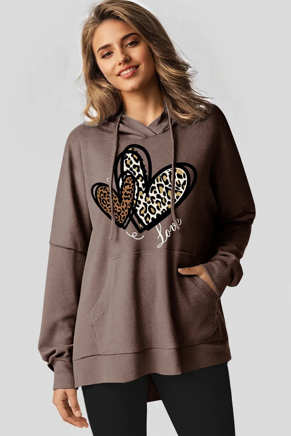 Date Night Heart Leopard Waffle Knit Fleece Lined Hoodie