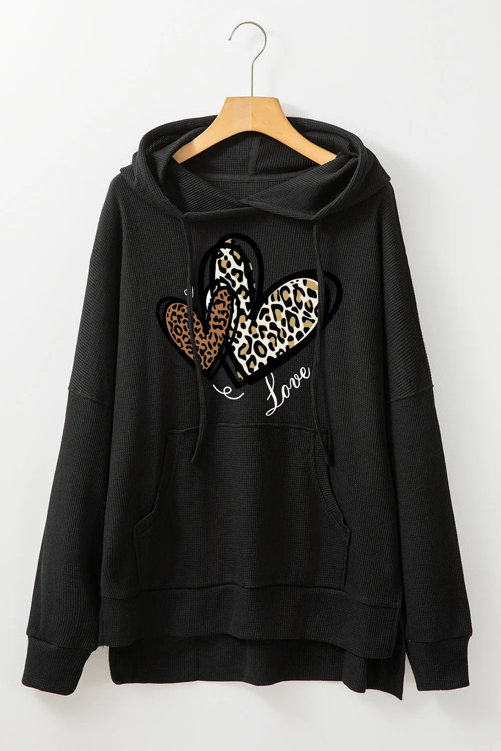 Date Night Heart Leopard Waffle Knit Fleece Lined Hoodie