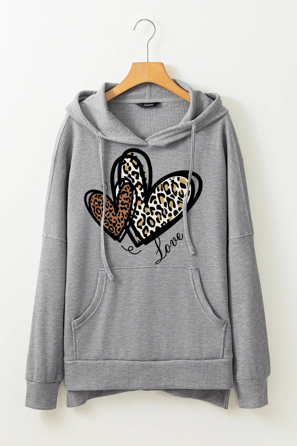 Date Night Heart Leopard Waffle Knit Fleece Lined Hoodie