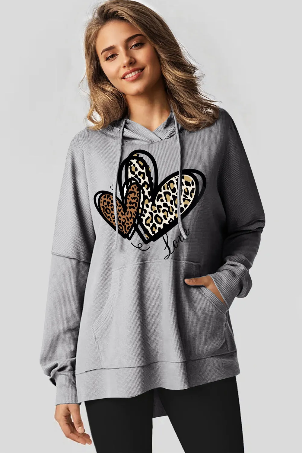 Date Night Heart Leopard Waffle Knit Fleece Lined Hoodie