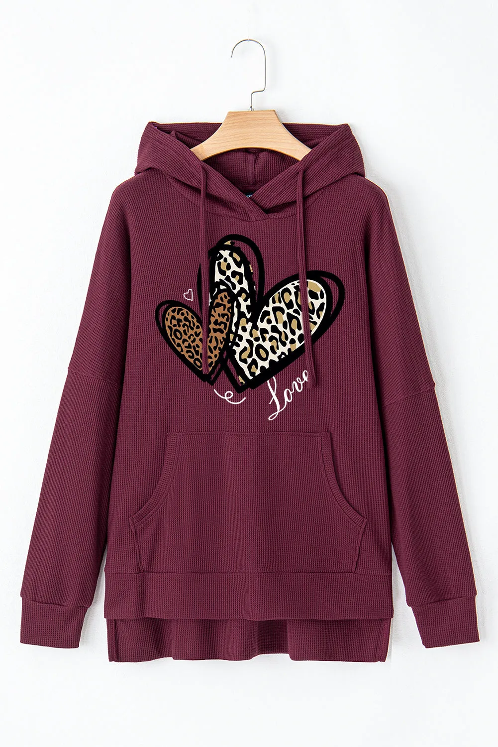 Date Night Heart Leopard Waffle Knit Fleece Lined Hoodie