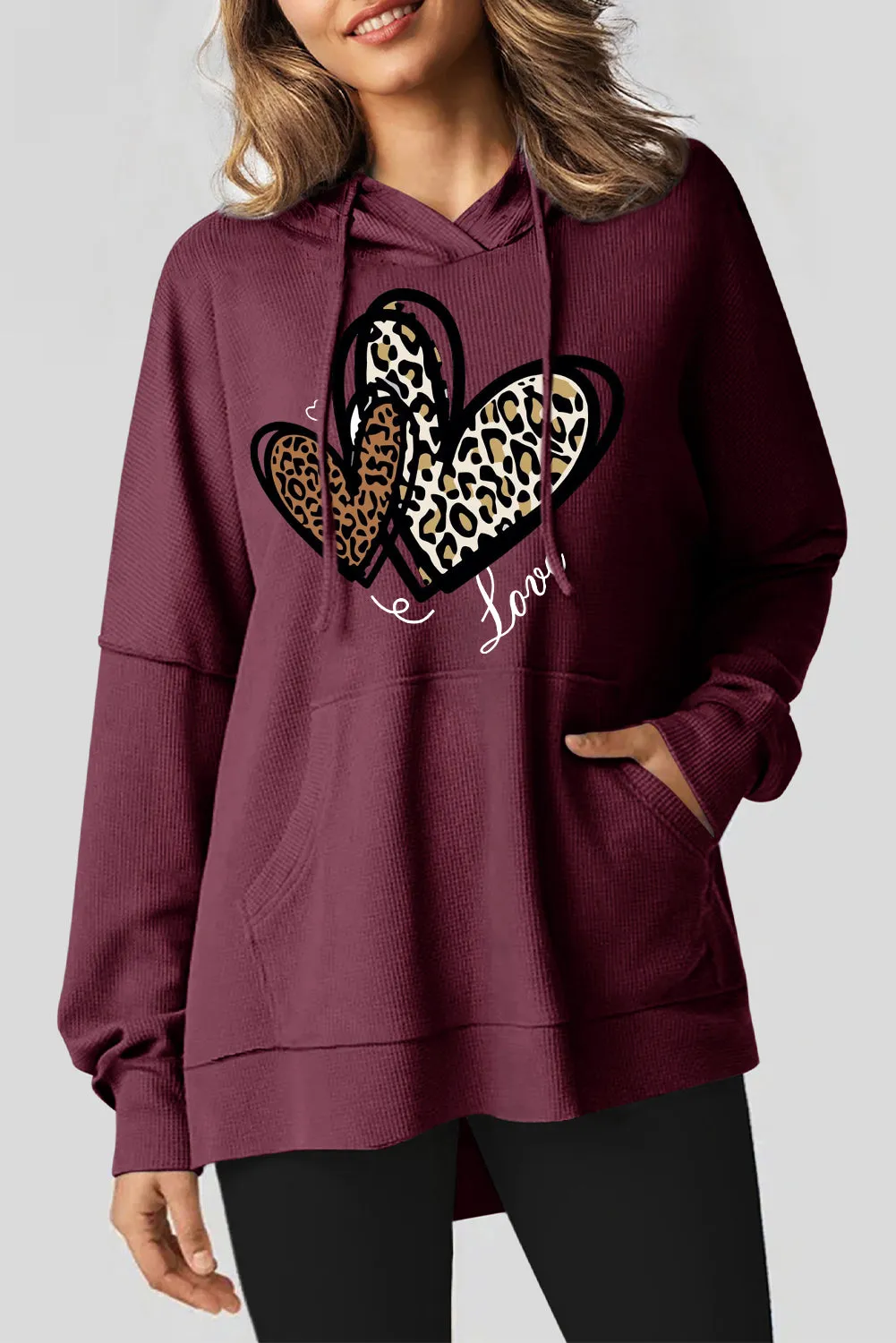 Date Night Heart Leopard Waffle Knit Fleece Lined Hoodie