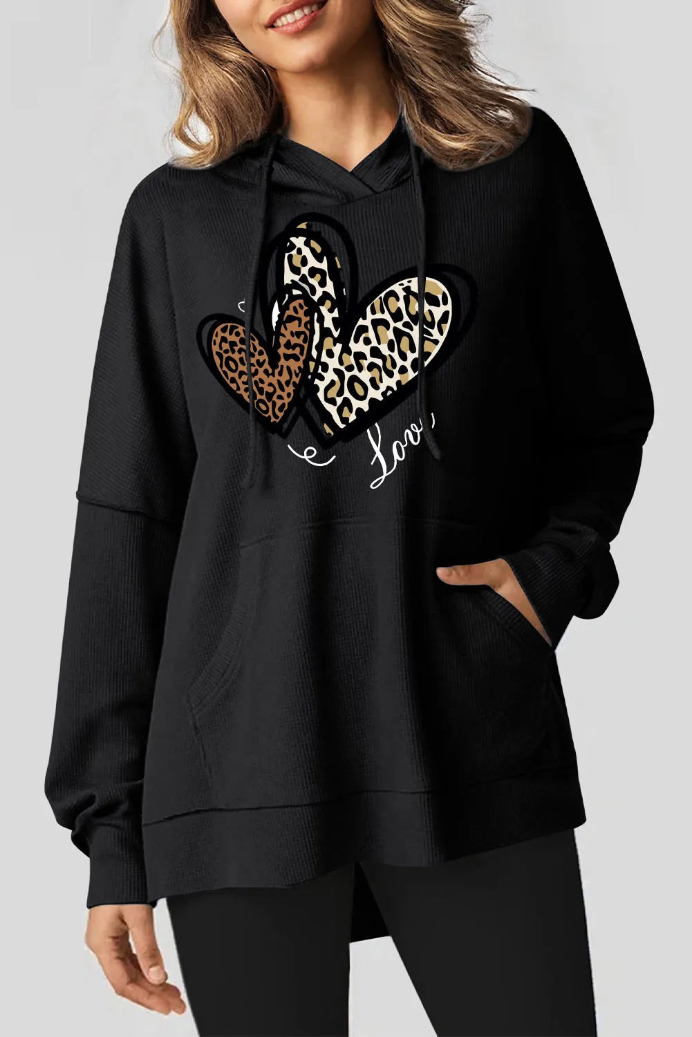 Date Night Heart Leopard Waffle Knit Fleece Lined Hoodie