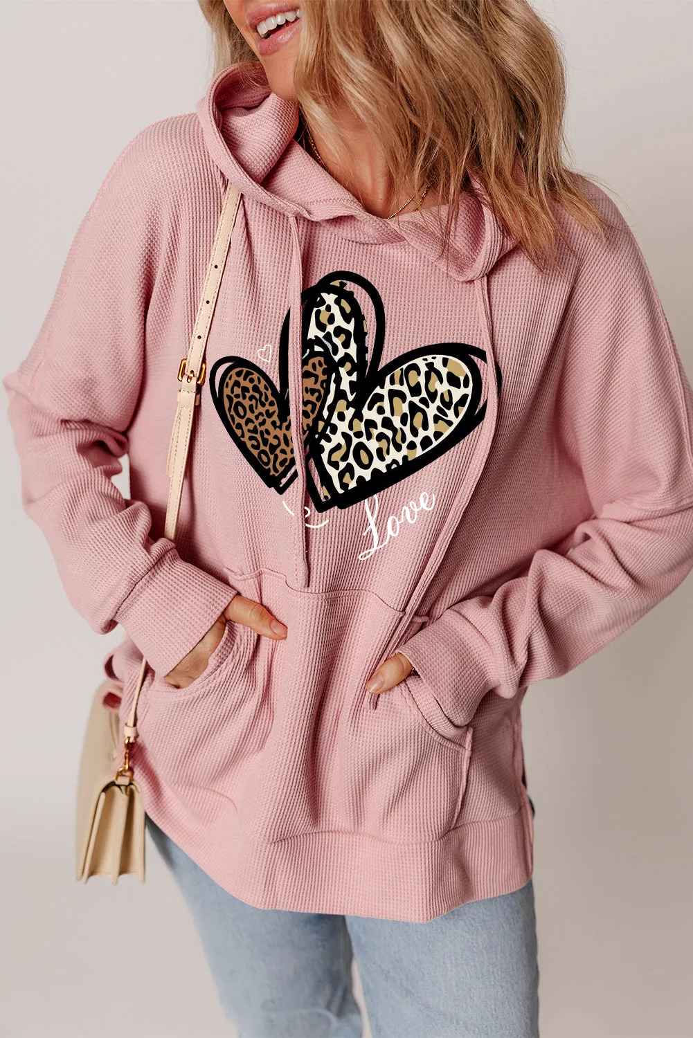 Date Night Heart Leopard Waffle Knit Fleece Lined Hoodie