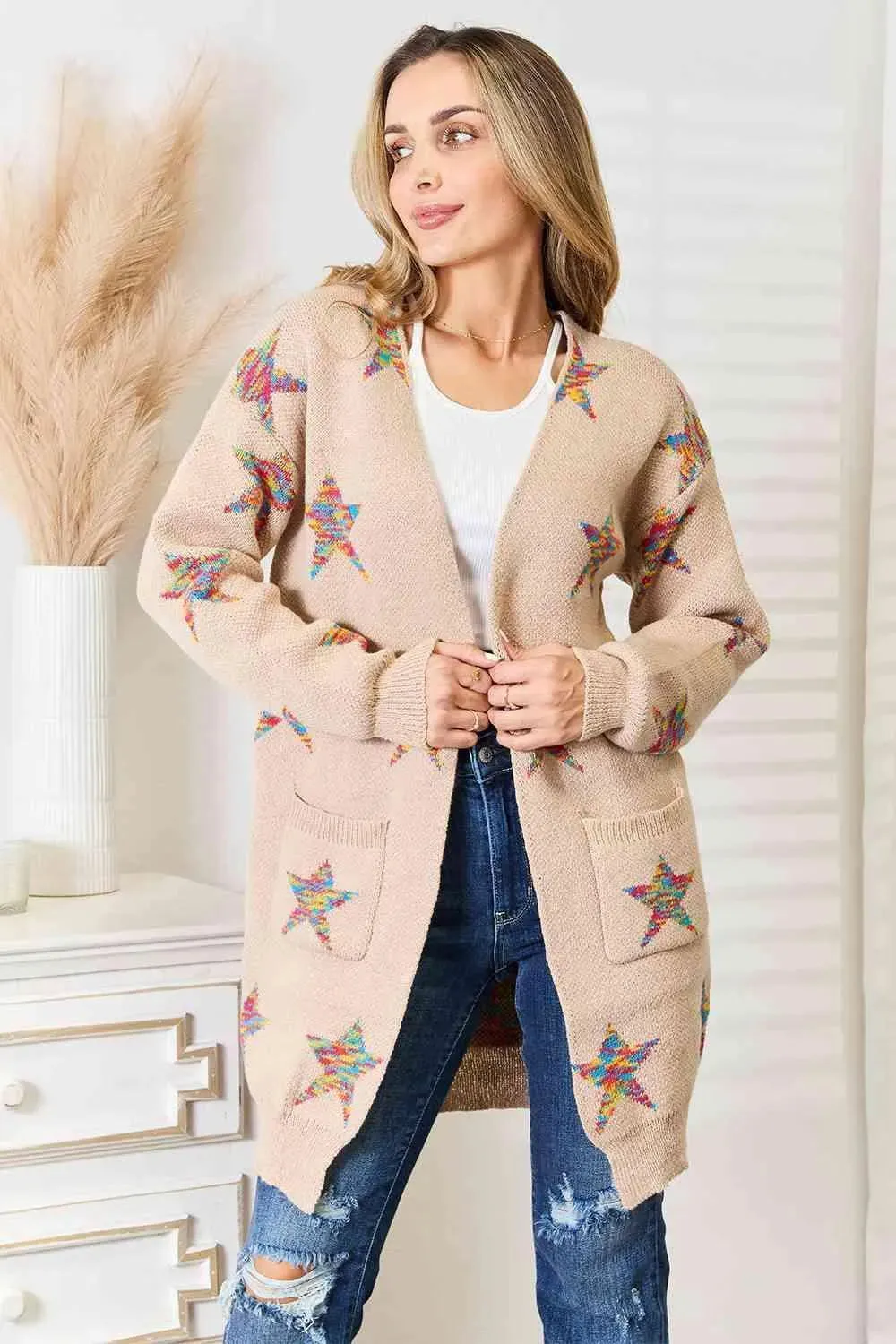 Double Take Star Pattern Open Front Cardigan