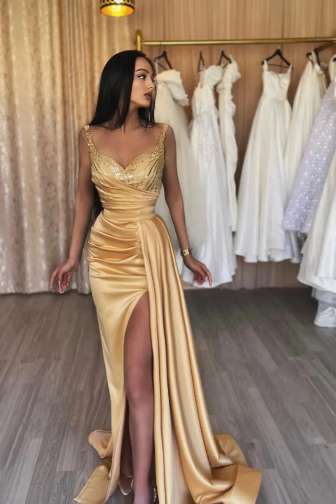 Elegant Long Mermaid Spaghetti Straps Sequined Sleeveless Prom Dress With Slit