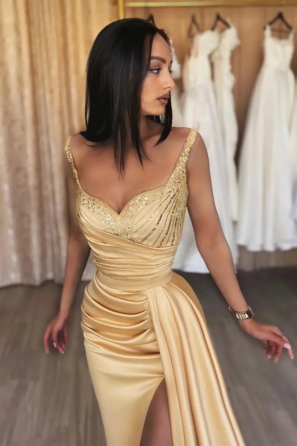 Elegant Long Mermaid Spaghetti Straps Sequined Sleeveless Prom Dress With Slit