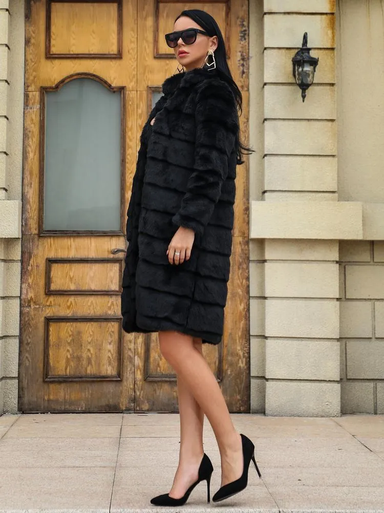 Fashion Faux Fur Winter Winter Warm Thick Black Overcoat