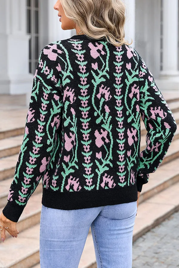 Fashionable Floral Knitted Crew Neck Casual Sweater