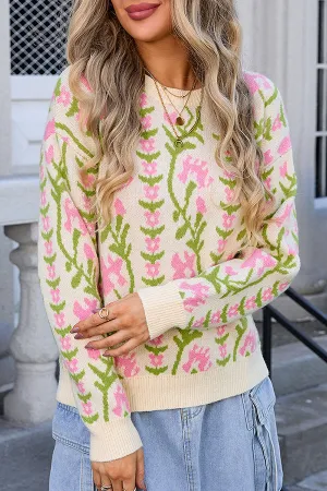 Fashionable Floral Knitted Crew Neck Casual Sweater