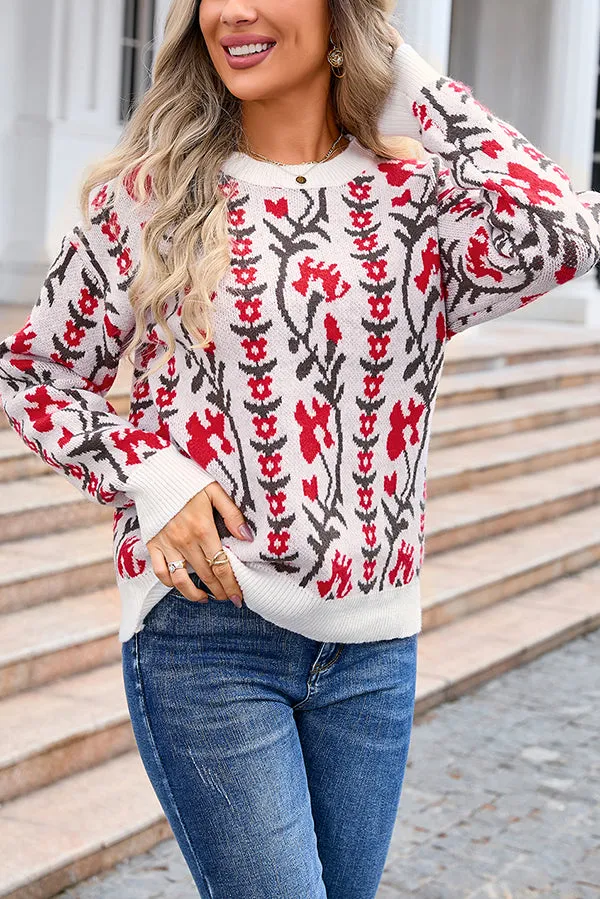 Fashionable Floral Knitted Crew Neck Casual Sweater