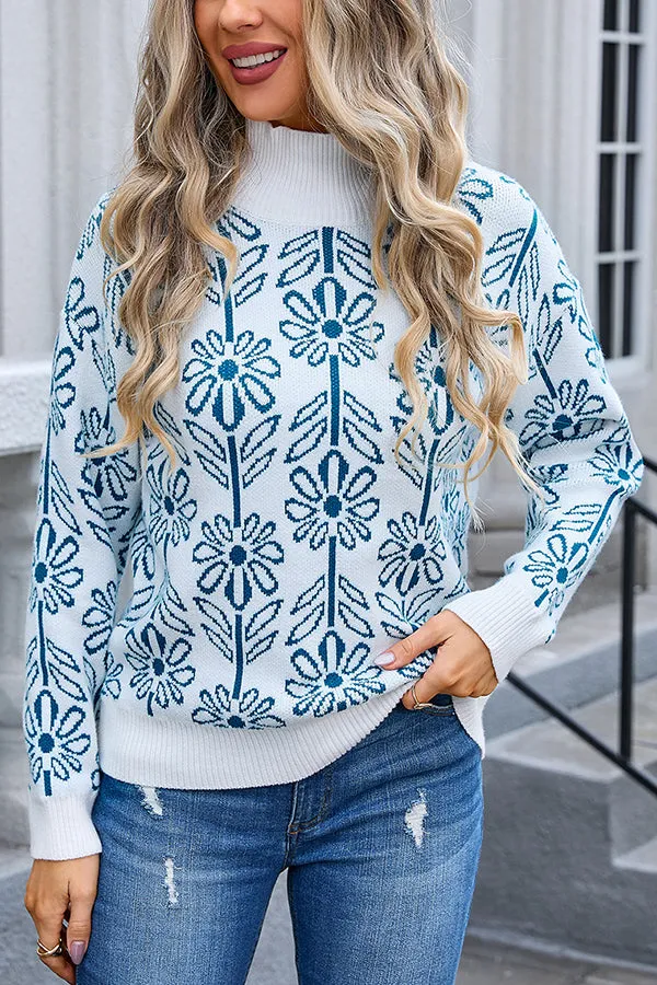 Fashionable Floral Knitted Turtleneck Loose Sweater