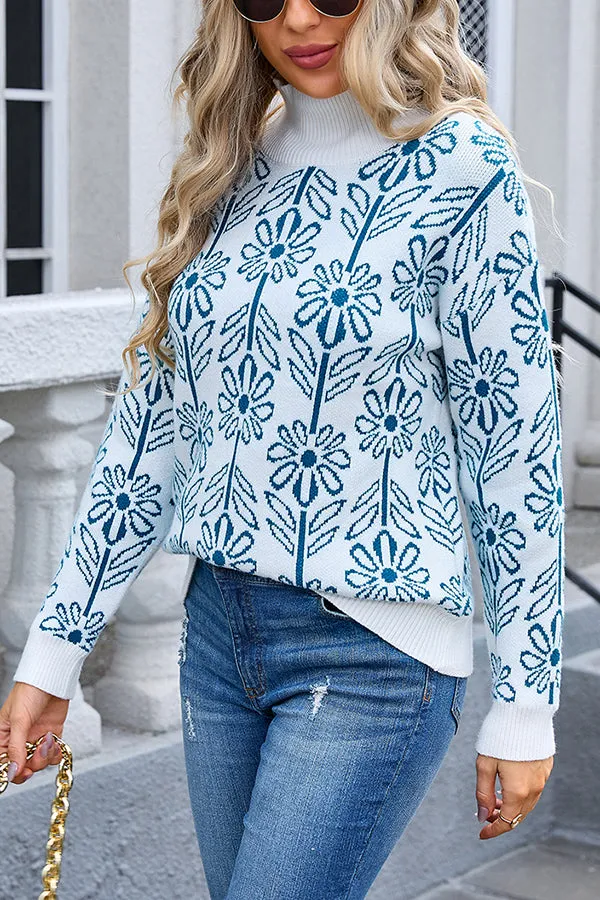 Fashionable Floral Knitted Turtleneck Loose Sweater