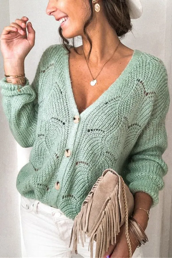 Fashionable V-neck Long-sleeved Knitted Sweater Cardigan