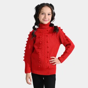 Girls Acrylic Sweater Turtle Neck-Red