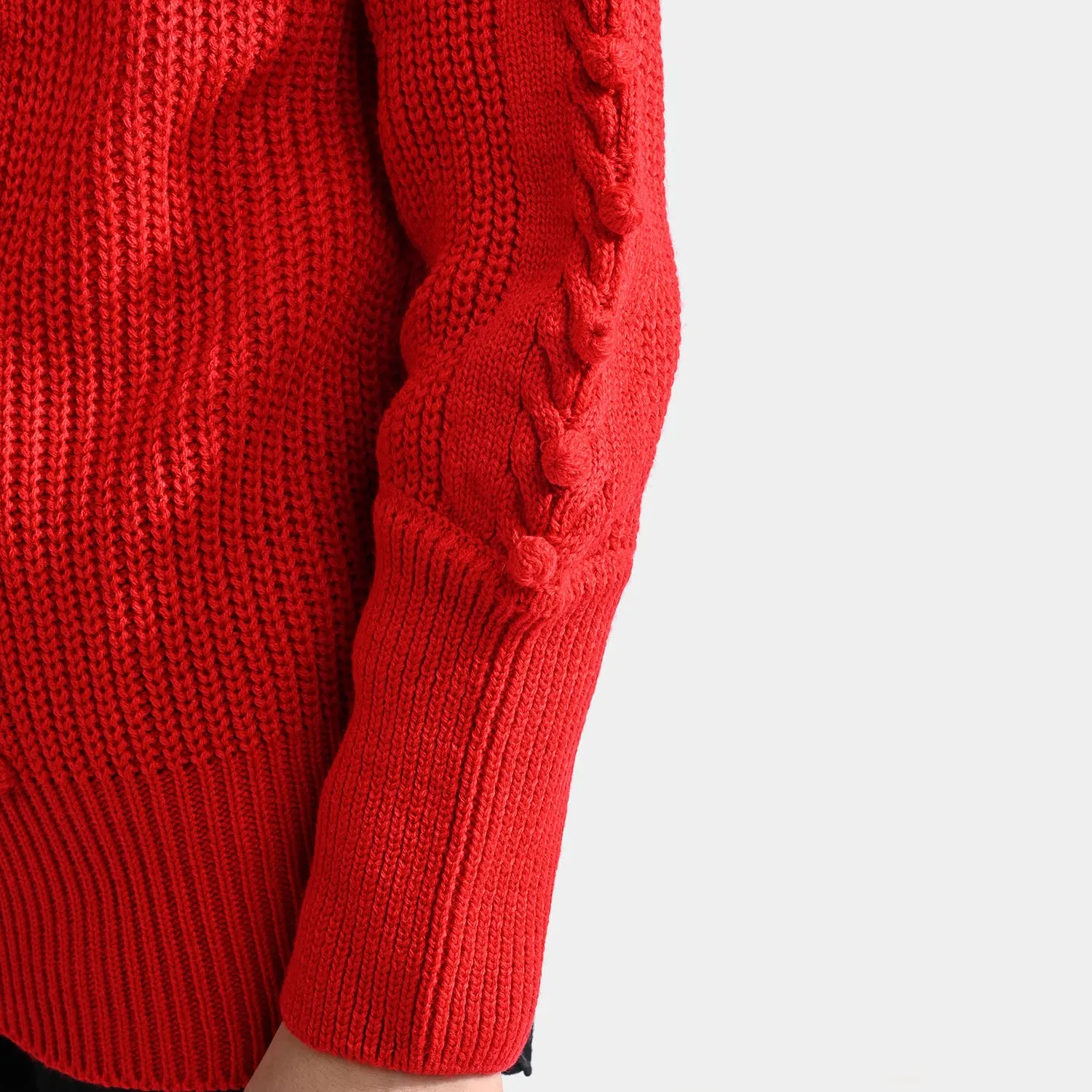 Girls Acrylic Sweater Turtle Neck-Red