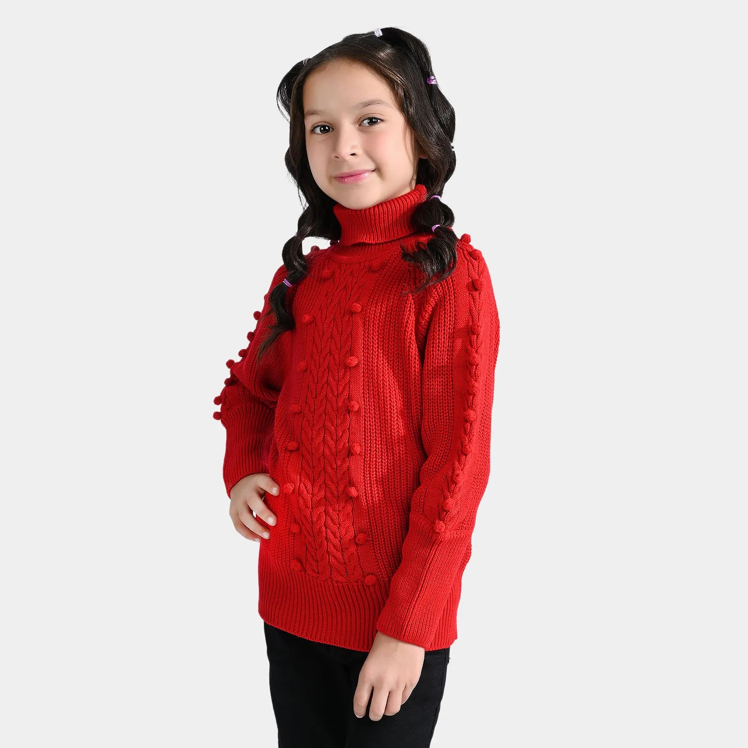 Girls Acrylic Sweater Turtle Neck-Red