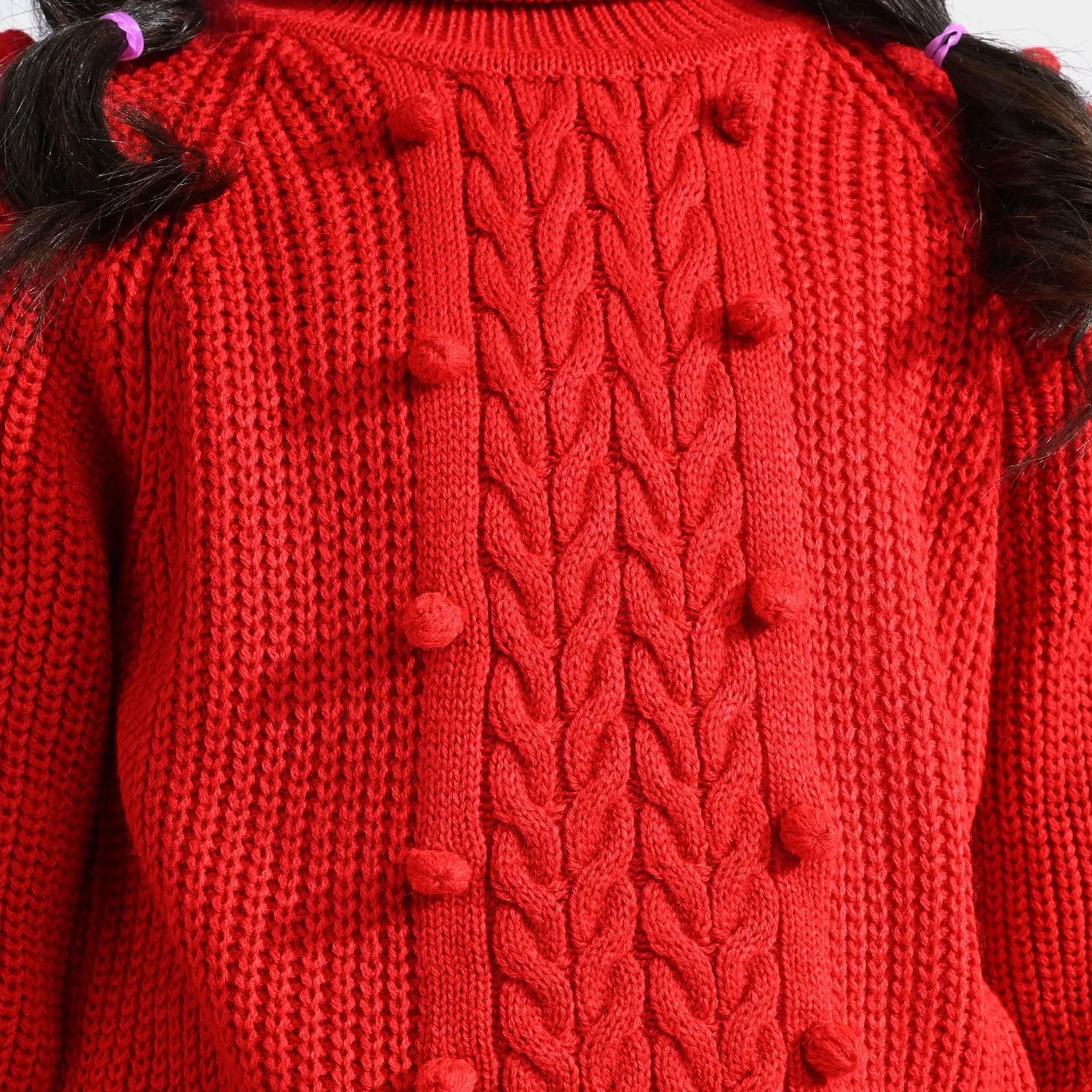 Girls Acrylic Sweater Turtle Neck-Red