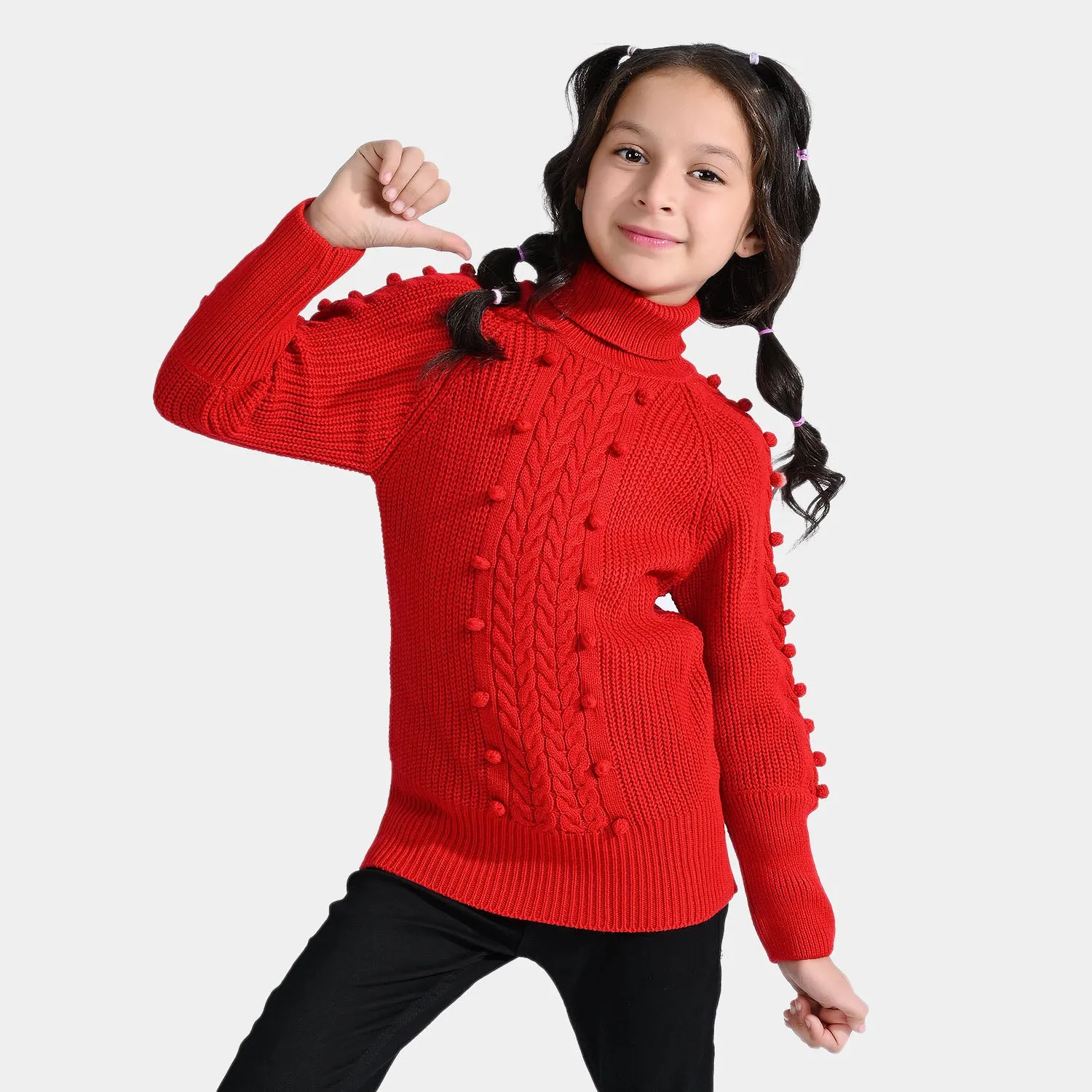 Girls Acrylic Sweater Turtle Neck-Red